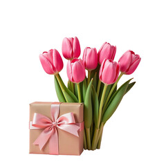 Romantic bouquet of pink tulips with gift box on pink background, elegant Valentine’s Day floral arrangement, soft pastel colors for greeting cards and love-themed designs, spring flowers and celeb