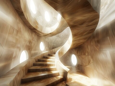 A spiral staircase ascends through a modern, circular building. Sunlight streams through ovals in the ceiling, casting warm light on the stone walls.