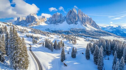 top-down aerial picture of a road, trees, and snow-covered mountains. Dolomites, Italy. 