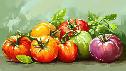 Assortment of colorful heirloom tomatoes. fresh, vibrant, and delicious. concept of healthy eating, organic produce, and summer harvest. Heirloom. Illustration