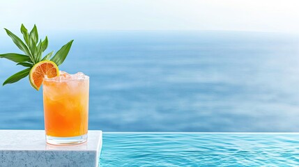 Sports drinks idea. Refreshing cocktail with citrus garnishes by the serene ocean view.