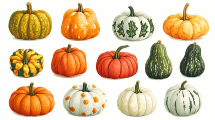 Colorful collection of decorative pumpkins and squash. Heirloom. Illustration