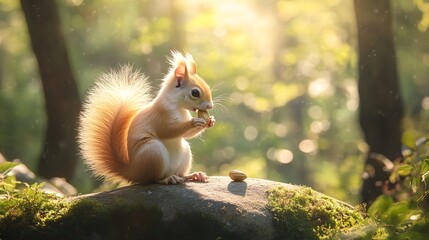 Red Squirrel Eating Nut In Sunny Forest