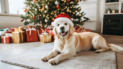 Golden Retriever Christmas Dog Wearing Santa Hat
