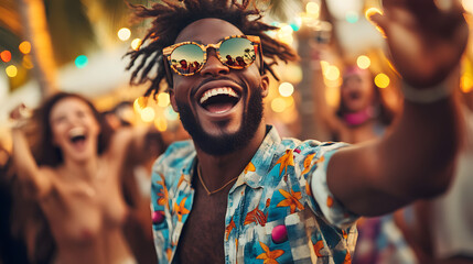 Obraz premium A joyful young man with dreadlocks and sunglasses smiles broadly at a vibrant outdoor party, his arm raised in celebration.