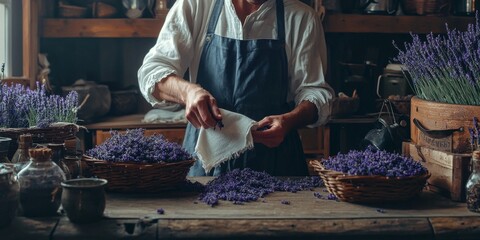 Gardener Making Lavender Sachets Rustic Craftsmanship Herbs Flowers Home Still Life