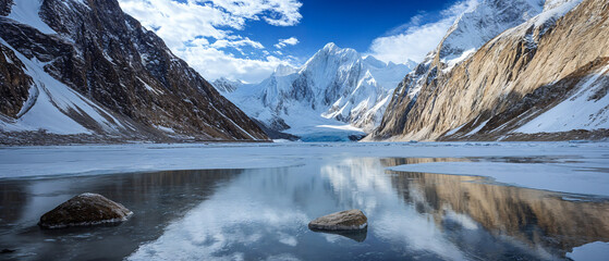 Fototapeta premium Majestic Terrain and Icy Reflections: A Hiker’s Dream Panorama, Snowy Nature Mountains and Lake in Horizon Wallpaper Background Wallpaper
