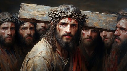 Jesus Christ Carrying the Cross Surrounded by Followers