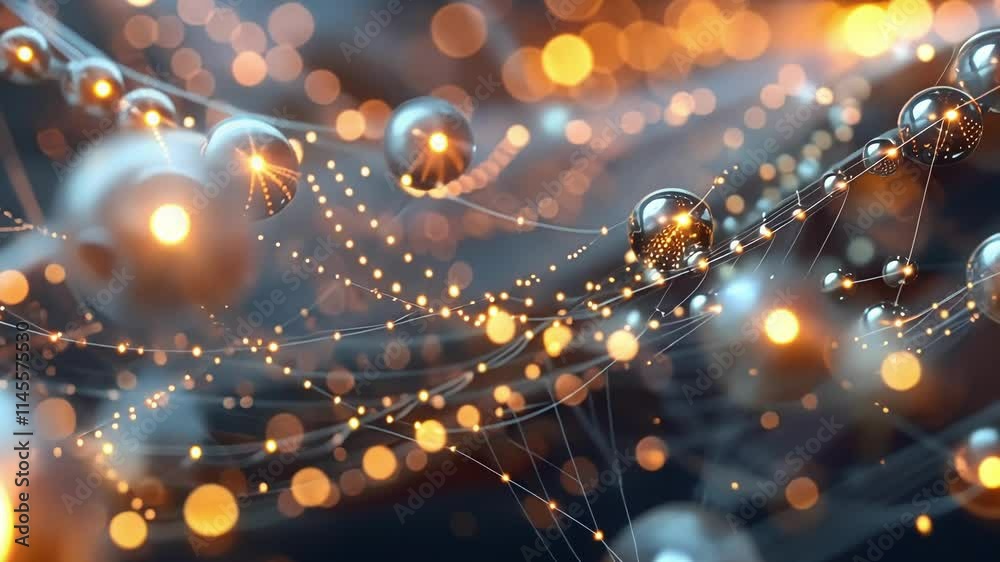 Poster complex network of interconnected glowing spheres and nodes representing big data flow, data analysi