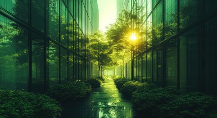 Obraz premium Serene urban pathway with greenery and sunlight.