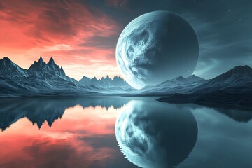 An alien planet with a red and blue sky, the reflection of the Earth in the water, a fantasy...