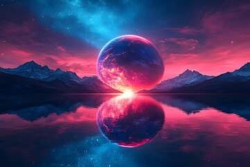 An alien planet with a red and blue sky, the reflection of the Earth in the water, a fantasy...