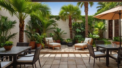 Fototapeta premium patio palm tree, Patio surrounded by potted palm trees and lush greenery