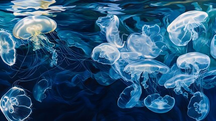 Obraz premium Jellyfish swimming gracefully in ocean waters underwater scene marine life serene environment close-up view beauty of nature