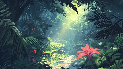 Obraz premium Exploring vibrant flora and lush greens tropical jungle nature scene serene atmosphere ground level biodiversity focus