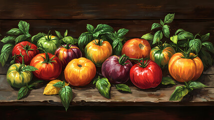 A vibrant assortment of heirloom tomatoes and fresh basil leaves arranged on a rustic wooden surface. Heirloom. Illustration