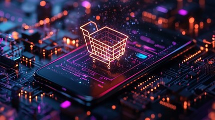 Futuristic mobile commerce platform showcasing seamless swipe to buy features glowing holographic product displays and AI powered personalized recommendations for a modern