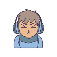 Cute Gamer Boy Cartoon Character Wearing Headset with Annoyed Angry Expression