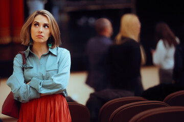 Introvert Woman Attending a Public Gathering Event. Unhappy bored lady not interacting with a group...