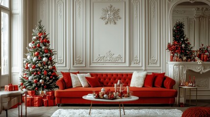 A cozy living room adorned with a festive Christmas tree, red sofa, and elegant decorations, creating a warm holiday atmosphere.