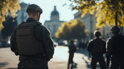 Military officer in uniform standing solemnly on deserted city street, symbolizing martial law and order in urban environment.