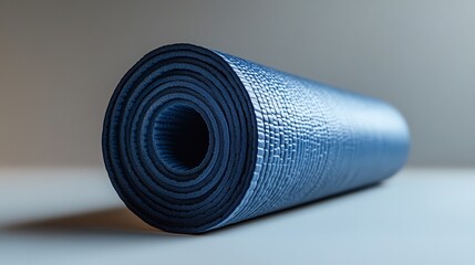 Single yoga mat rolled up and standing vertically on a white background highlighting fitness accessories
