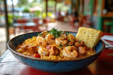 Paella with Chicken and Shrimp, Outdoor Dining Scene on Rustic Table, Food Photography