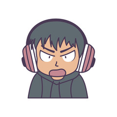 Cute Gamer Boy Cartoon Character Wearing Headset with Annoyed Angry Expression