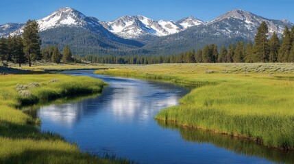 Fototapeta premium Serene Alpine Meadow with Winding River and Snowy Mountains