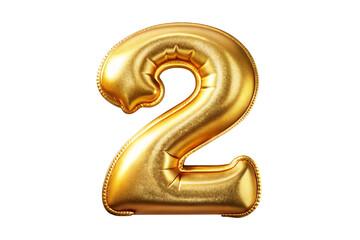 Luxurious gold foil balloon shaped as the number two with elegant details and reflective surface design.