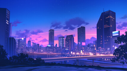 70年代、80年代のシティポップを意識した都市の夜景のアニメ風イラスト,レトロポップ,日本人,懐かしい,エモい,J-pop,エモーショナル,チル,背景素材	