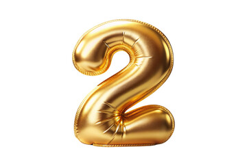 Shiny golden number two balloon with realistic metallic texture isolated on white background for celebrations.