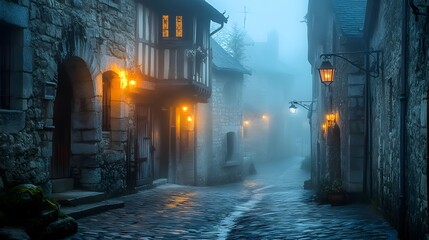 Fototapeta premium Mysterious foggy evening stroll old town photography atmospheric low angle enigmatic charm