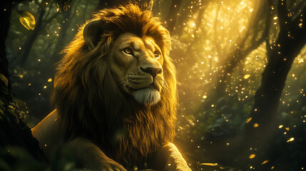 lion in a magical forest filled with sparkling light and ethereal elements, a sharp and vivid scene...