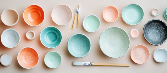 A flat lay of assorted pastel colored bowls with two wooden paintbrushes.