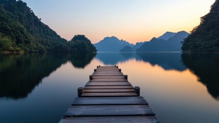 Calm Lake Dock Sunrise Scenery