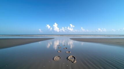 Beach Footprints Reflecting Calm Sky