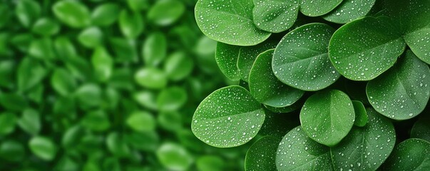 Micro foliage concept. Close-up of green leaves with water droplets, showcasing nature's beauty and freshness.