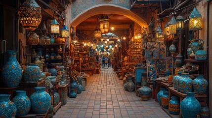 Obraz premium Colorful market filled with decorative pottery.