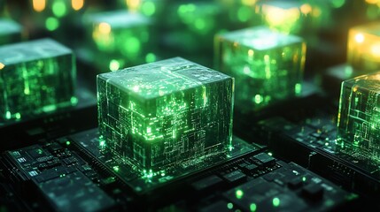 Green glowing cubes on circuit boards, futuristic technology concept.