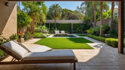 patio palm tree, Patio with palm trees overlooking a tranquil garden space


