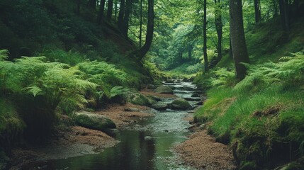 Obraz premium Peaceful Creek Running Through Lush Green Forest Landscape