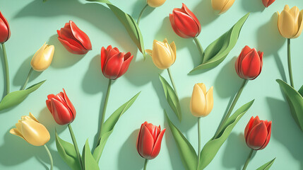 Obraz premium A bed of red and yellow tulips, isolated on a light green background, vibrant and realistic.