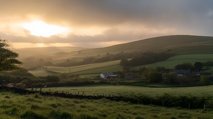 Sunrise landscape overrolling hills rural area nature photography tranquil setting serene view scenic beauty