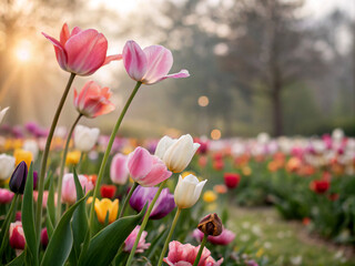 Fototapeta premium field of tulips. tulip, flower, spring, tulips, pink, nature, garden, flowers, red, field, blossom, beauty, bloom, flora, park, plant, floral, summer, beautiful, color, petal, colorful, purple, season