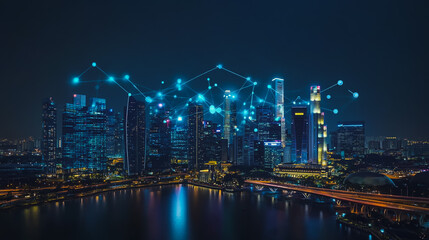 Obraz premium Smart digital city with connection cyber security network reciprocity over the cityscape . future smart wireless digital city and social media networking systems that connects people within the city