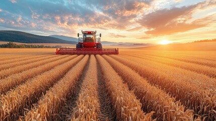 Obraz premium Harvesting wheat at sunset in a vast field.