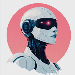 Smart future concept with flat icon of robot wearing headphones under a vibrant red sun illustration