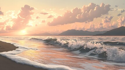 Naklejka premium Sunset waves crashing on beach coastal landscape nature photography tranquil environment wide angle view