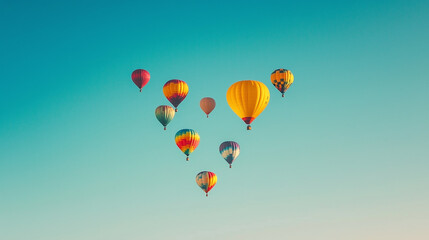 Obraz premium a stunning, minimalist scene with colorful hot air balloons arranged in the shape of a heart against a clear blue sky.